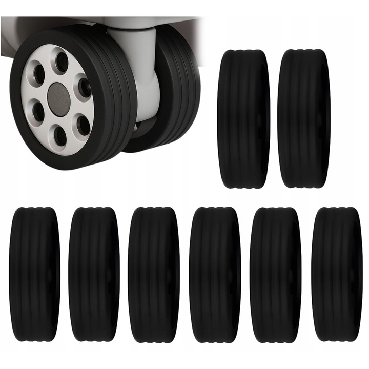 Set Protectii Pentru Rotile Valizei, Korbi, 5.5 cm, Protectie Pentru Rotile Valizei Impotriva Murdariei, Umiditatii Si Zgarieturilor, Silicon De Inalta Calitate, Functionare Silentioasa, Montaj Si Demontare Usoara, Negru, 8 Bucati