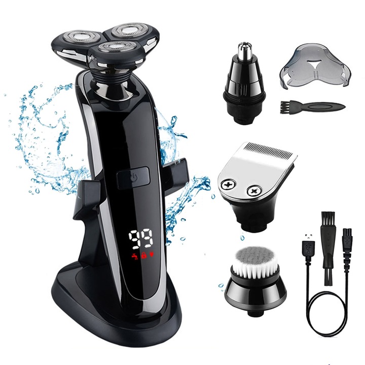 Aparat de Ras Electric Multifunctional 4 in 1, asskanaer, Pentru Barbati, cu capete 3D rotative, Display LED, Rezistent la apa IPX7, Utilizare umeda si uscata, Lame din otel inoxidabil, Incarcare USB rapida, Trimmer nas si barba, ABS, 20.5x8.8x15cm, Negru