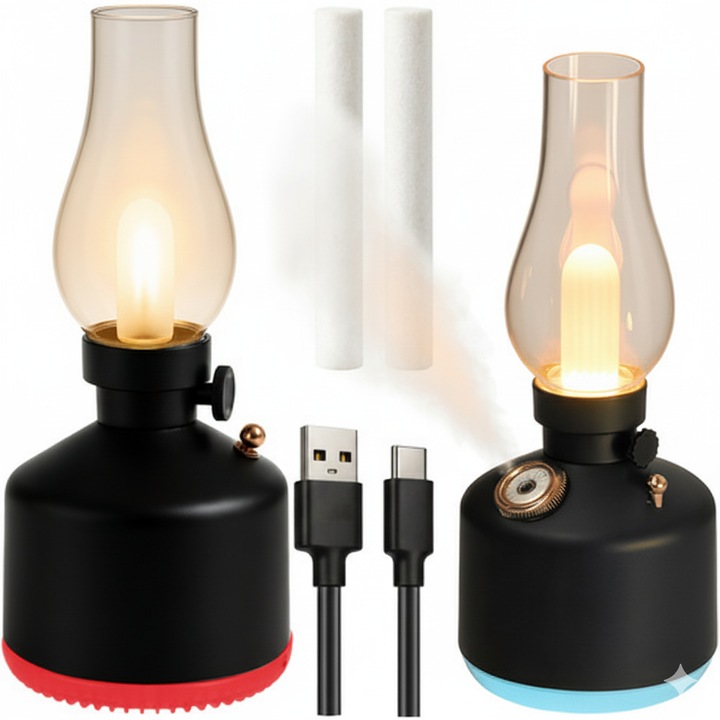 Umidificator de aer portabil si lampa de veghe retro, Difuzor aromaterapie cu 14 culori RGB LED, Rezervor 280 ml si baterie 1200 mAh, Negru