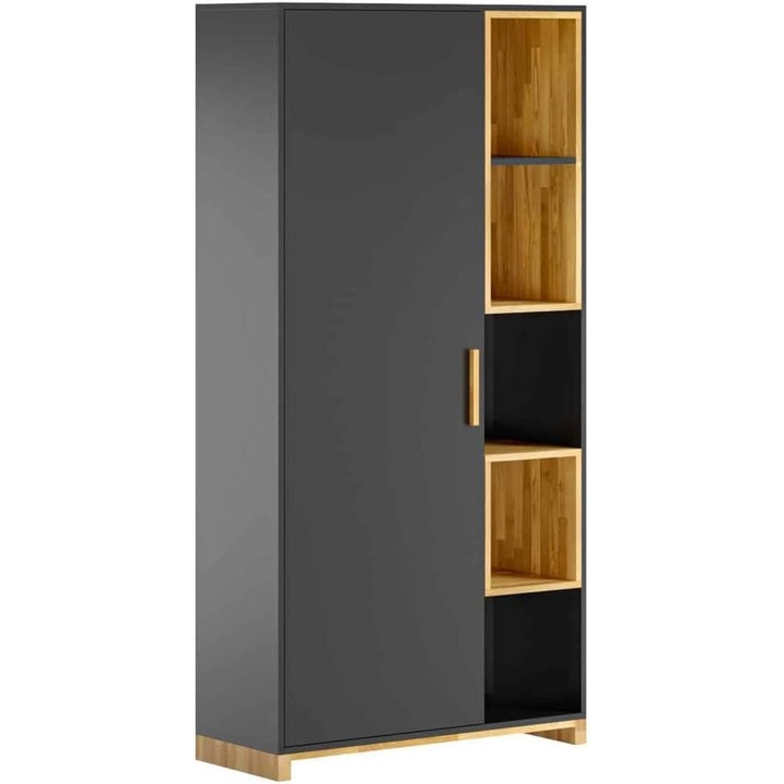 Sifonier Loft 200x100cm, Deerhorn, lemn de stejar, usi negre, rafturi deschise