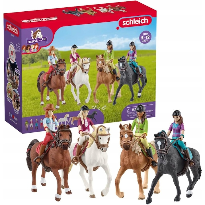 Set Figurine Schleich Horse Club 72221, 4 Fete și 4 Cai, Figurine Mobile, Accesorii Complete, 5-12 Ani
