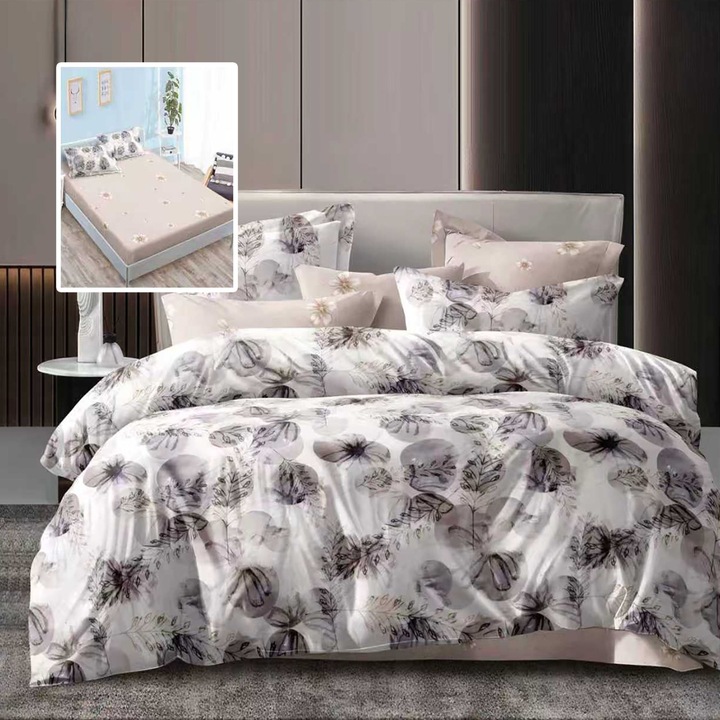 Lenjerie pat dublu Economy 6 piese, cearsaf pat cu husa 180x200 cm si pilota 200x230 cm, 2 fete perne 50x70 si 2 fete perna 70x70, Eleganta Bej ECNH6