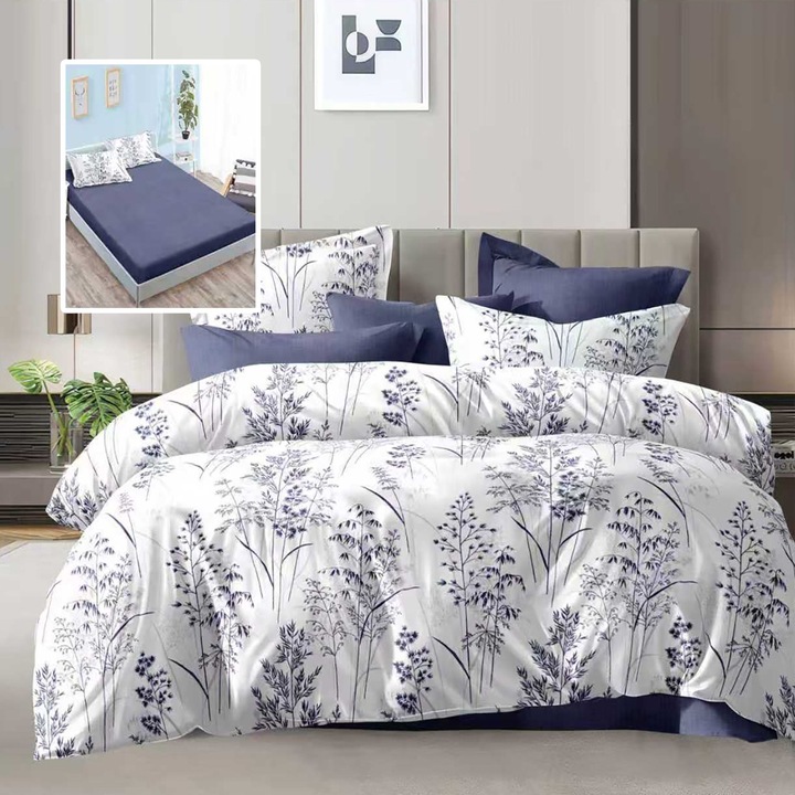 Ágynemű garnitúra dupla Economy 6 részes, lepedő 180x200 cm és paplanhuzat 200x230 cm, 2 párnahuzat 50x70 és 2 párnahuzat 70x70, Kék Virágok ECNH4