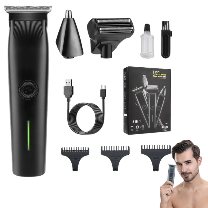 Set aparat de tuns multifunctional DRAGO™, trimmer electric 3 in 1 pentru barba, par si nas, fara fir, negru