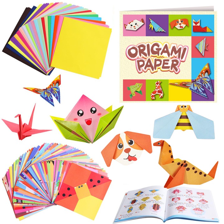 Set 104 Creativ Origami Pentru Copii, 27 de Modele, MorFansi®, cu Ghid Manual, Usor de Pliat si Incasabil, Pentru Cadouri de Sarbatori, Articole de Arta si Artizanat, Proiecte DIY, 14x14 cm, Multicolor
