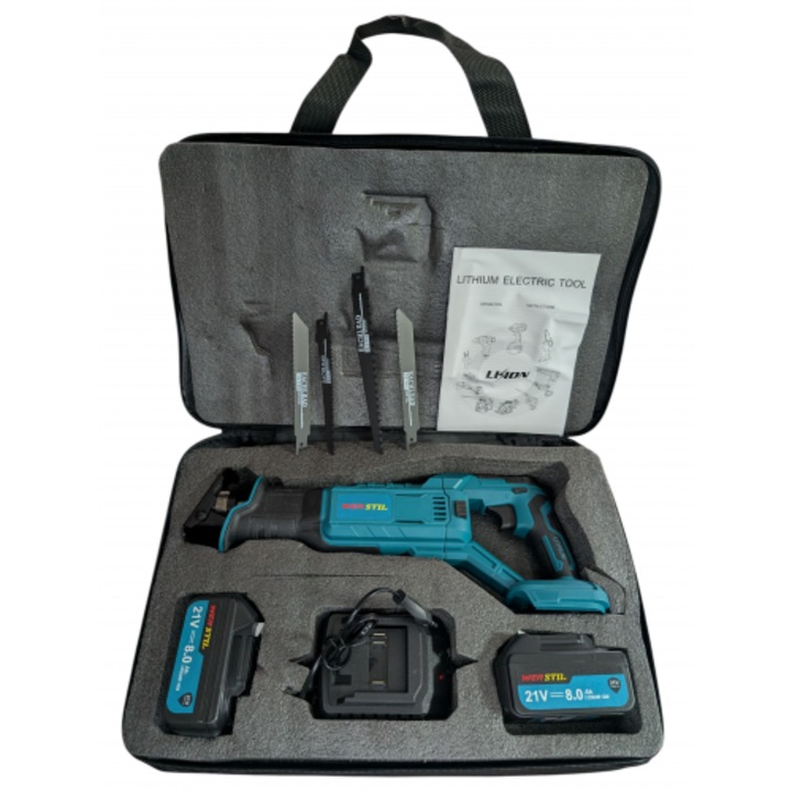 Fierestrau sabie WerStil, 21V, 2 acumulatori 8Ah, 4 panze, set complet