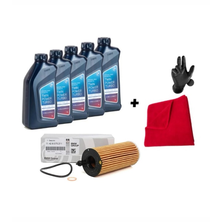 Pachet revizie BMW, 5 buc, ulei Twin Power Turbo 5W-30 1L, filtru de ulei, laveta microfibra 30x30 cm, manusi