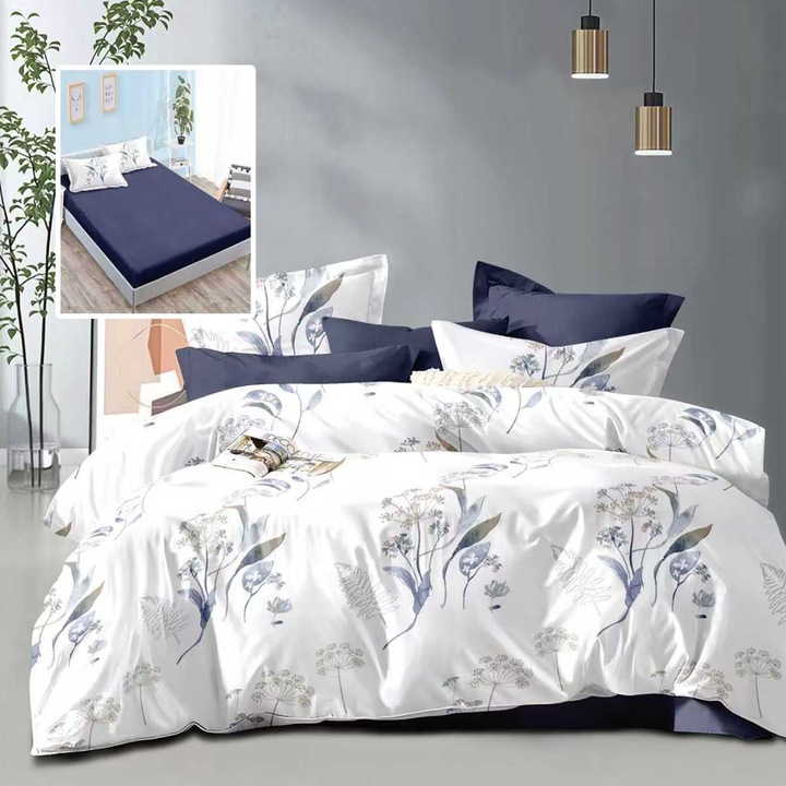 Gazdaságos dupla ágyneműgarnitúra 6 részes, lepedő 180x200 cm és paplanhuzat 200x230 cm, 2 párnahuzat 50x70 és 2 párnahuzat 70x70, Modern Kék ECNH3