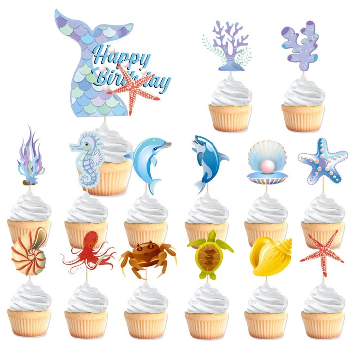 Комплект от 15 декорации за кексчета с океанска тематика, морски животни, делфини, миди, многоцветни