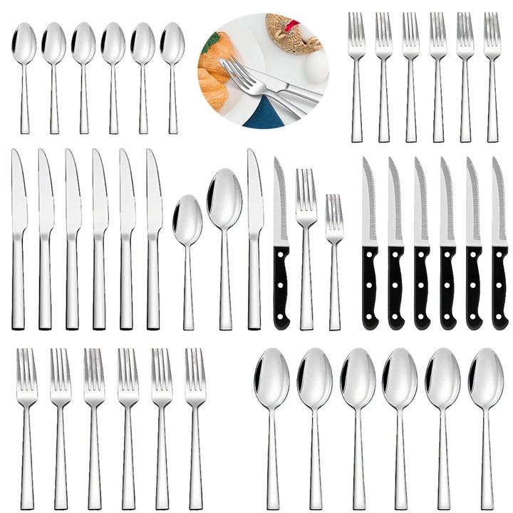 Set 36 Tacamuri, YOUKUKE®, Pentru 6 Persoane, Otel Inoxidabil, Elegant, Negru / Argintiu