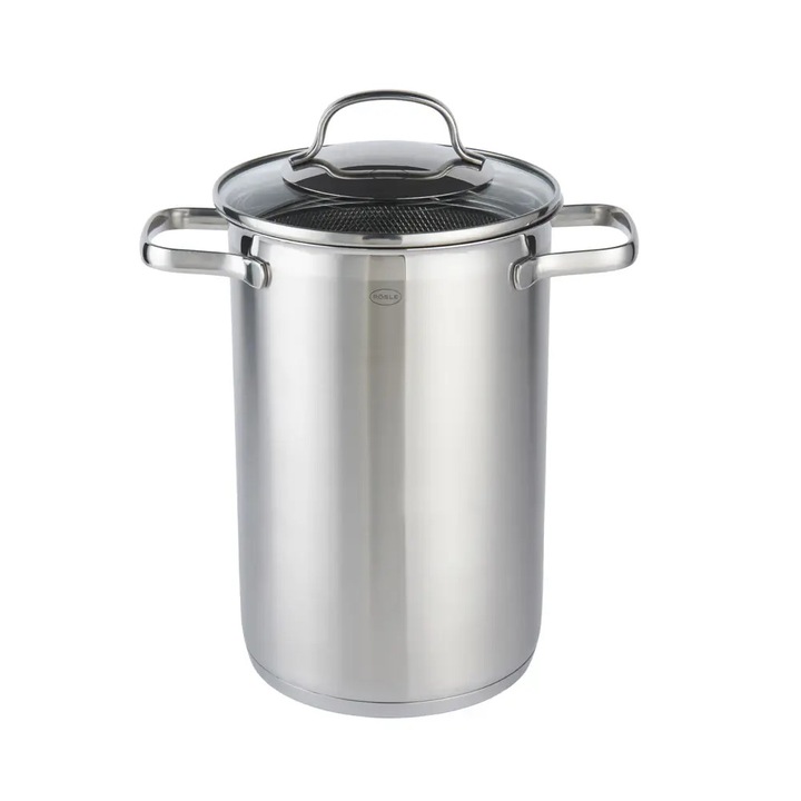 Rosle 2in1 magas rozsdamentes acél edény szűrővel és fedővel, Elegance, Ø 16 cm, 4.5 liter, ideális levesekhez/tésztákhoz/pároláshoz, hőálló üvegfedél, minden főzőfelülettel kompatibilis, PFA-mentes, rozsdamentes acél