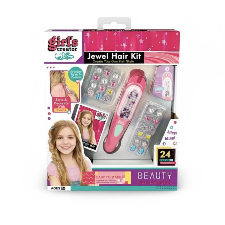 Set Creativ GNR Market pentru Decorarea Părului, Aparat de Aplicat Pietre Prețioase, 24 Accesorii Colorate, Roz, 26x31x6cm