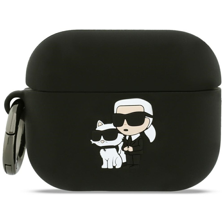 Husa pentru Apple AirPods Pro 3 - Karl Lagerfeld Silicone Karl&Choupette Head 3D - Negru