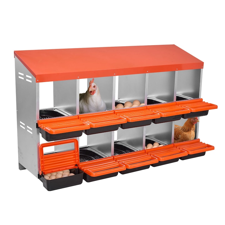Cuib de ouat pentru gaini, 10 compartimente, otel galvanizat si plastic, portocaliu, 132x52x79cm