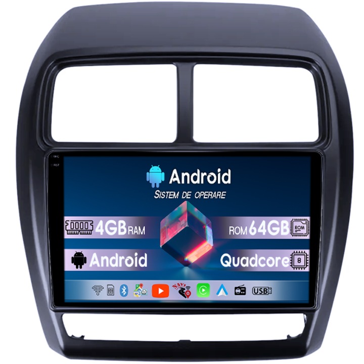 Navigatie dedicata Mitsubishi ASX 2016-2022, 4GB RAM 64GB ROM, Octacore, Display 9" QLED 1K, Carplay, Android 14, Bluetooth, Magazin Play, Suport Camere AHD