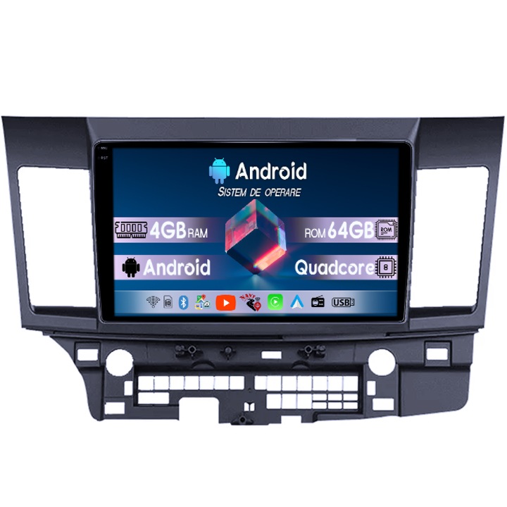 Navigatie dedicata Mitsubishi Lancer 2007-2012, 4GB RAM 64GB ROM, Quad Core, Display 10.1" QLED 1K, Carplay, Android 14, Bluetooth, Magazin Play, Suport Camere AHD