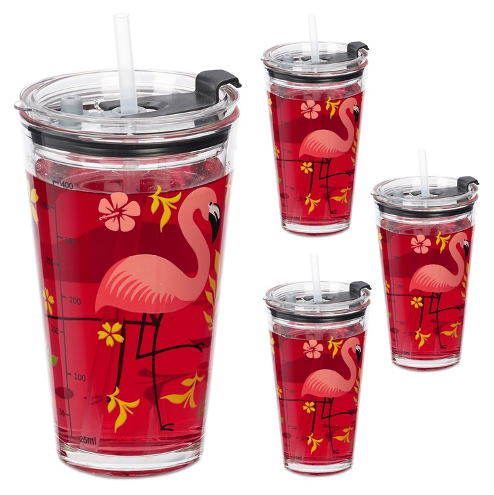 Relaxdays 4 darabos pohárkészlet gyermekeknek, flamingó mintával, 15 x 9 x 9.5 cm, 450 ml, üveg, átlátszó