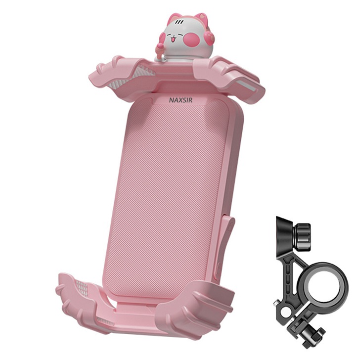 Suport Telefon Pentru Bicicleta/motocicleta, NAXSIR, Reglare la 360°, 4.7-6.8", Incuietoare de siguranta, Perna de protectie EVA, Roz