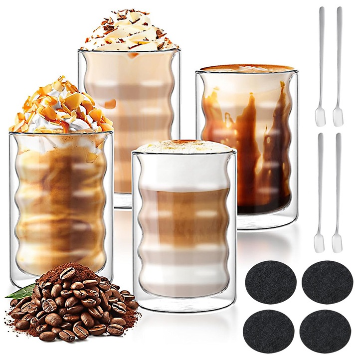 Set Pahare cafea, perete dublu, sticla termorezistenta, 4 x 350 ml, pentru ceai, cafea, cu 4 linguri si 4 farfurioare, YOUKUKE®