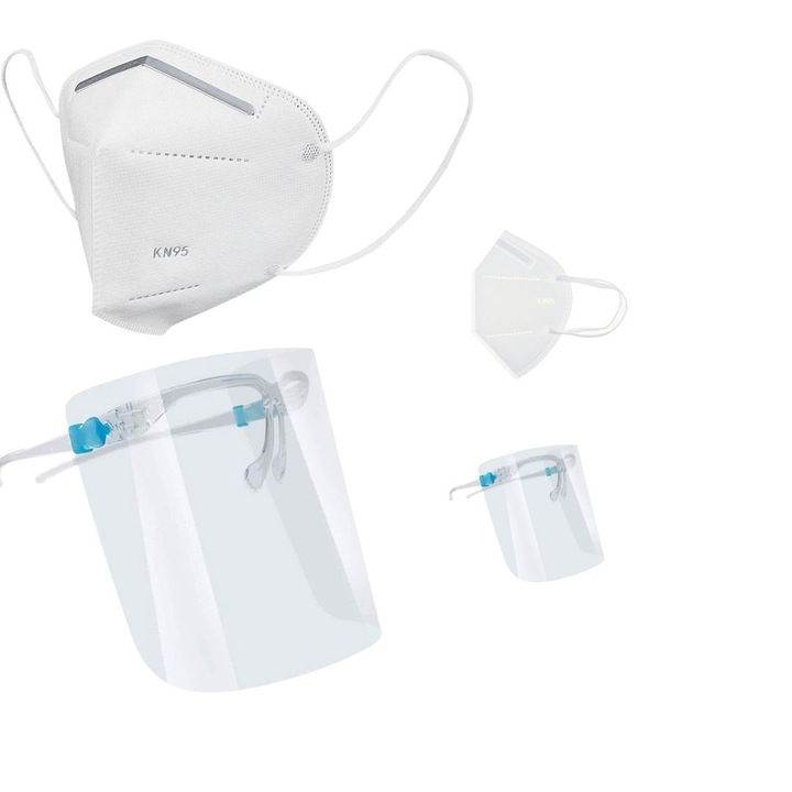 Set masca de protectie KN95 si viziera reutilizabila pentru adulti, filtrare ridicata, culoare alba