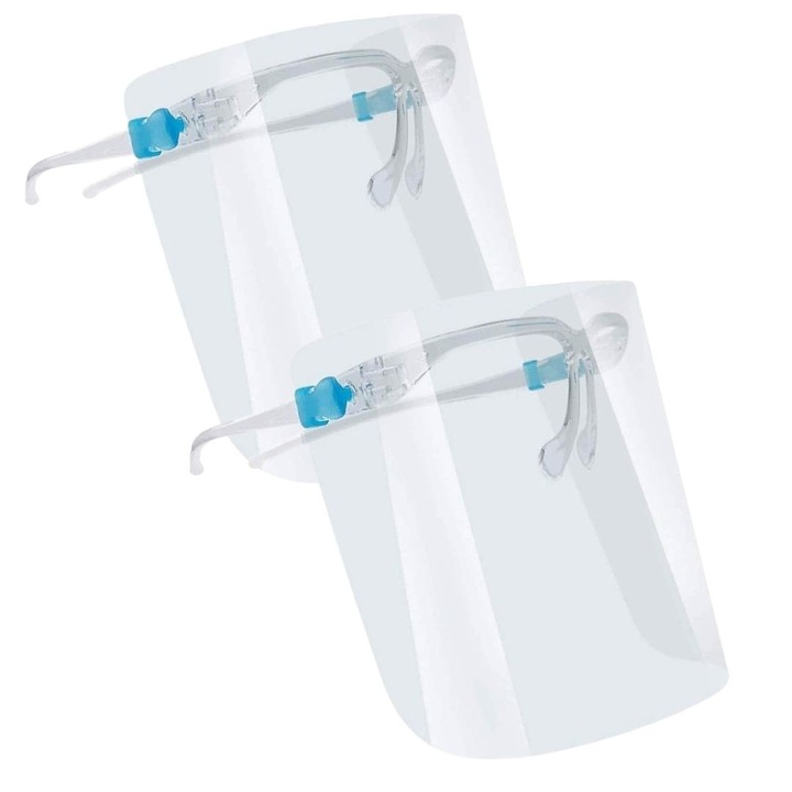 Set 2 viziere de protectie reutilizabile cu rama tip ochelari, transparente, din policarbonat, pentru adulti