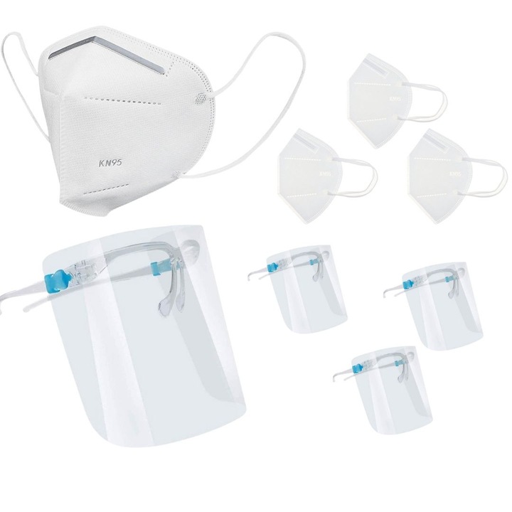 Set 3 masti de protectie KN95 si 3 viziere reutilizabile cu rama tip ochelari, pentru adulti, protectie completa