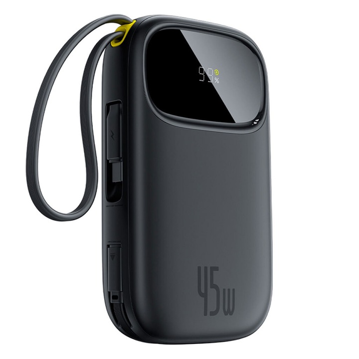 Външна батерия BASEUS 10000 mAh, 45W + вградени кабели C + L, EnerFill FC31 Qpow 3, черна