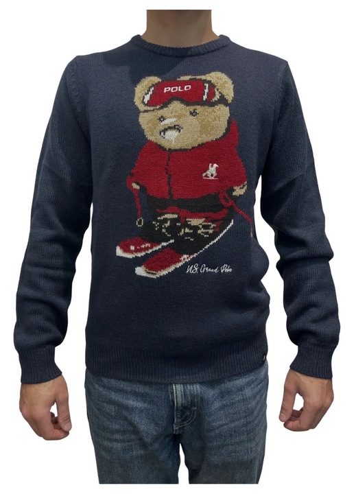U.S. Grand POLO Pulover brodat, barbati cu imprimeu urs si decolteu la baza gatului, Bleumarin inchis