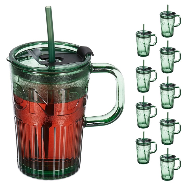 Set Relaxdays de 10 cani de sticla cu maner, capac si pai detasabil, 450 ml, 13 x 8.5 x 13 cm, verde