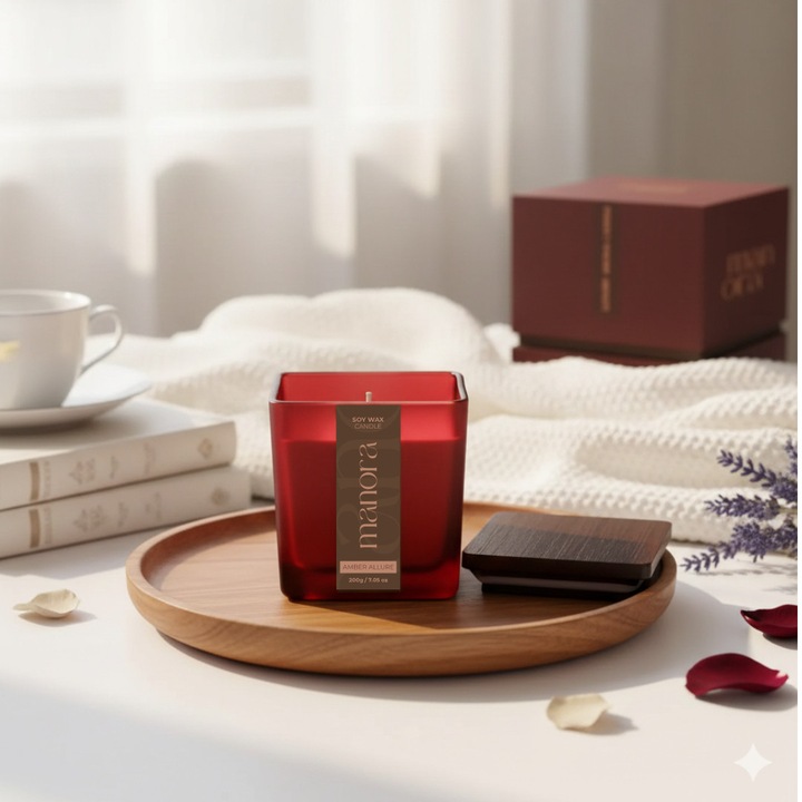 Lumanare parfumata de lux, ceara naturala de soia, 200 grame, timp ardere aprox. 45 ore, Amber Allure in cutie cadou