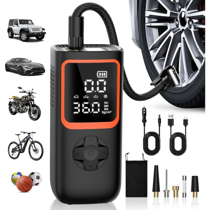 Compresor Auto Portabil, iMICE, Baterie Externa 8000mAh, Ecran Digital, Manometru, Lanterna LED, 150PSI, Viteza de umflare a crescut de 3 ori, Pompa Aer Masina, Incarcare USB, Umflare Roti, Minge, Bicicleta, Usor de Utilizat, Oprire Automata, Negru