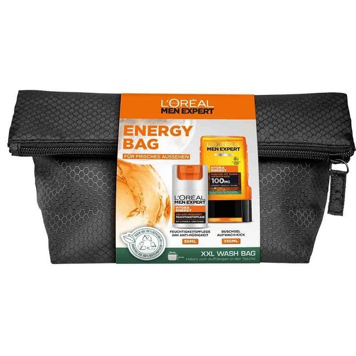 L'Oréal Men Expert energy táska ajándékszett, tusfürdő és hidratáló krém, kozmetikai táska, 50ml, 250ml