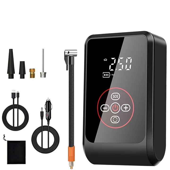 Pompa portabila fara fir pentru umflarea anvelopelor, ZGGZERG, afisaj digital, iluminare LED, potrivita pentru masini, biciclete, motociclete si sporturi cu mingea. Culoare: negru