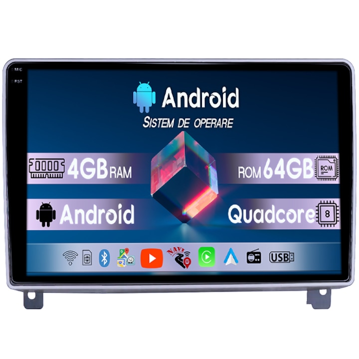Navigatie dedicata Peugeot 407 2004-2011, 4GB RAM 64GB ROM, Quad Core, Display 9" QLED 1K, Carplay, Android 14, Bluetooth, Magazin Play, Suport Camere AHD