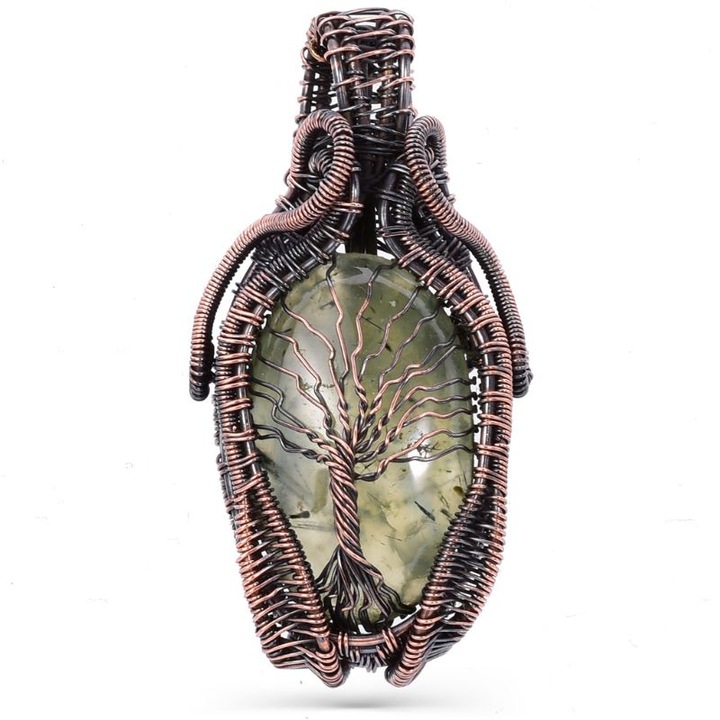 Colier cupru statement cu prehnit Copacul Vietii, pandantiv si lant 50 cm