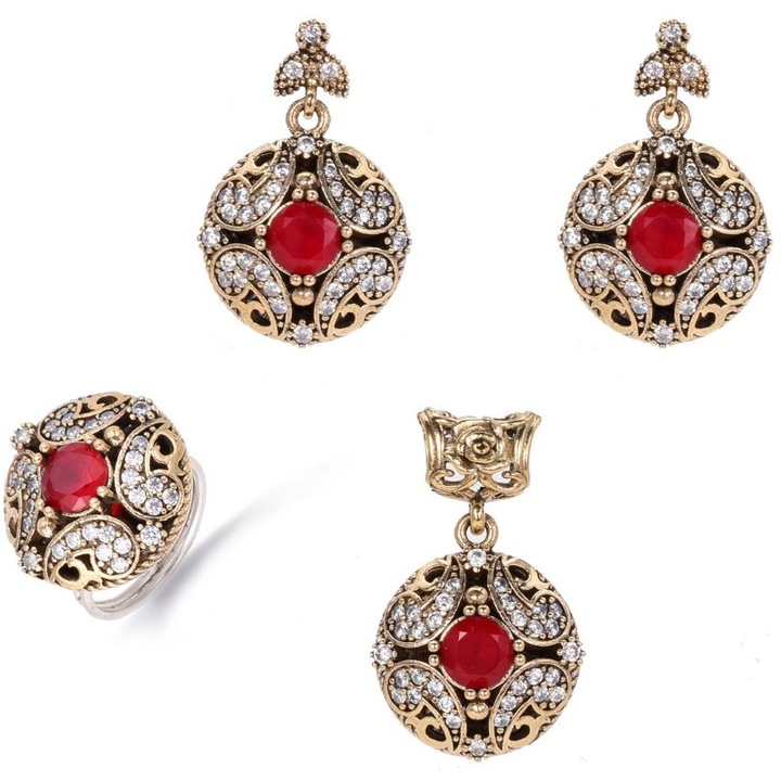 Set argint cu cubic zirconia rosu, model otoman, cu inel reglabil