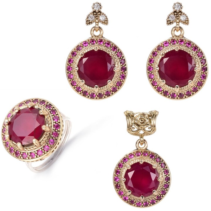 Set argint rotund cu cubic zirconia rosii in stil otoman cu inel reglabil