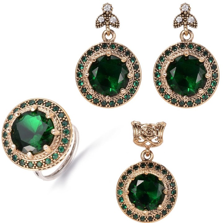 Set argint rotund cu cubic zirconia verde, stil otoman, cu inel reglabil