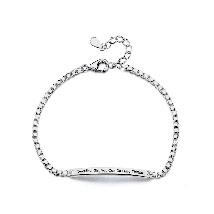 Bratara Dama Argint 925, Bratara Argint Cu Lant Box Si Placa Gravata 3 Cm, Bratara Dama Eleganta Reglabila 16 Cm Cu Extensie 4 Cm, Bijuterie Minimalista Cu Gravura Inspirationala, Cadou Personalizat Pentru Femei Valentine’s Day Si 8 Martie, Argintiu