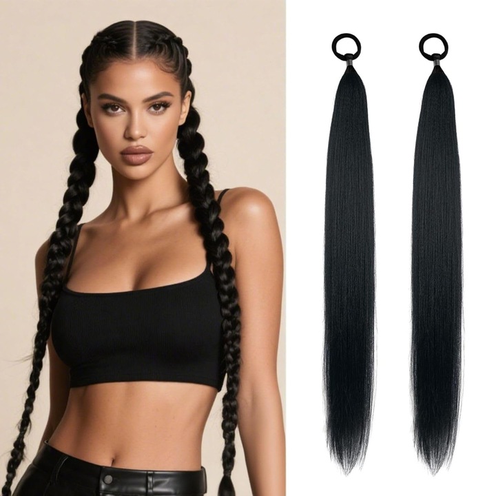 Extensii de Păr Sintetice, Fibre Sintetice De Înaltă Calitate, Negre, 66cm