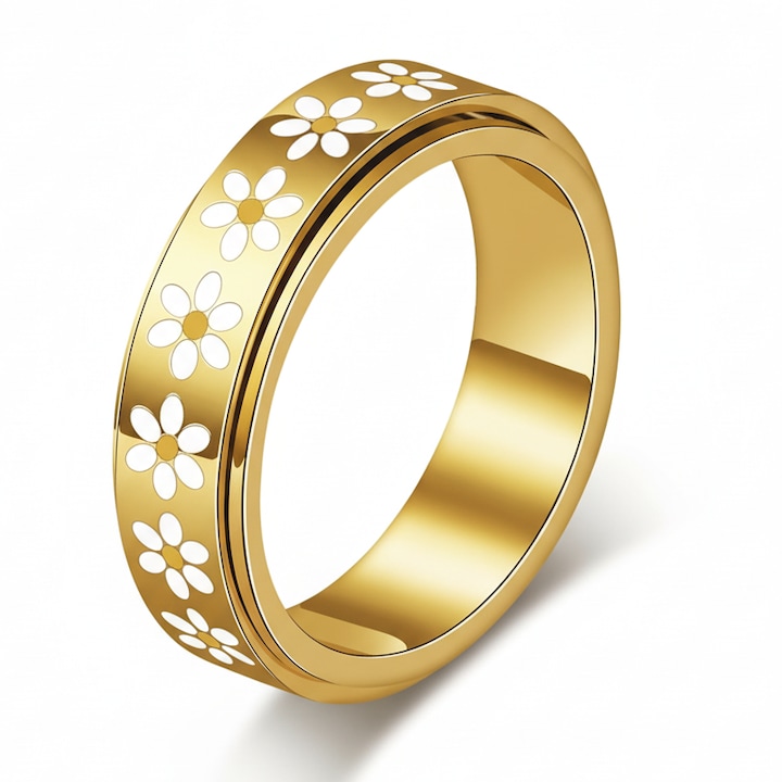 Inel rotativ antistres Daisy flori, ameliorarea anxietatii, otel inoxidabil placat aur 18K, auriu