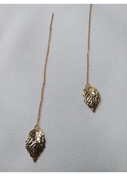 Cercei lungi cu lant 9 cm, si frunza 1cm placata cu aur 18K