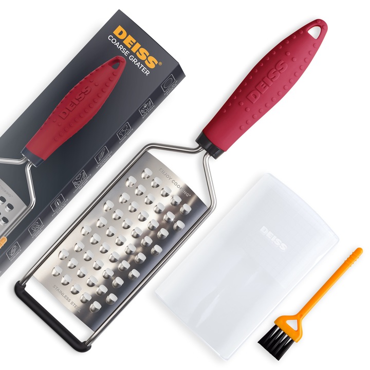 Голяма ръчна ренде от неръждаема стомана с червена дръжка, Deiss PRO, за сирене, зеленчуци и плодове