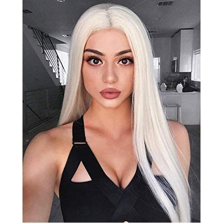 Peruca lunga Alba, fibra sintetica Premium cu aspect natural, par lung drept, fara breton, 72 cm, Animis Beauty ®