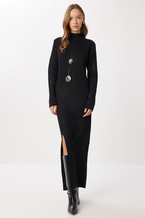 Rochie lunga tricotata bodycon cu slit, Happiness Istanbul, neagra, tricot, One Size INTL