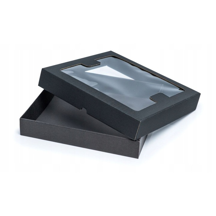 Cutie Cadou cu Capac si Fereastra, Neopak, Model Ondulat, 290x300x50 mm, Carton Microondulat 4 Straturi, Premium, Ambalare Eleganta Negru, Negru