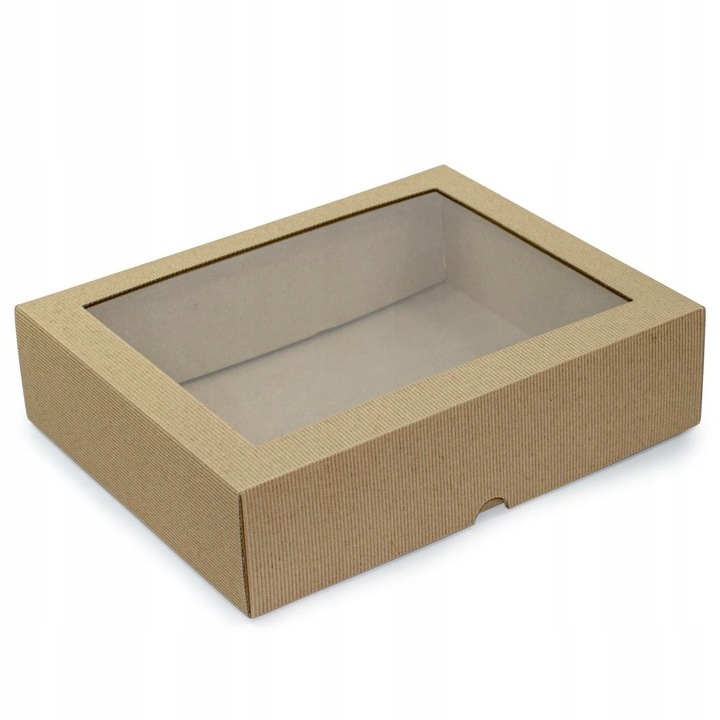 Cutie Cadou cu Capac si Fereastra, Neopak, Model Ondulat, 340x225x95 mm, Carton Microondulat 4 Straturi, Premium, Expunere Produse Mari, Maro