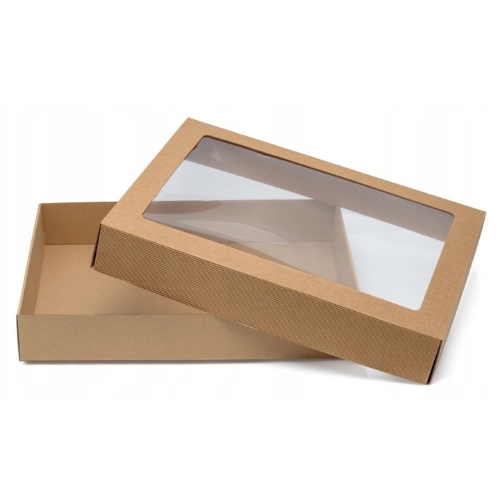 Cutie Cadou cu Capac si Fereastra, Neopak, Model Ondulat, 450x350x70 mm, Carton Microondulat 4 Straturi, Premium, Expunere Cadouri A3, Maro