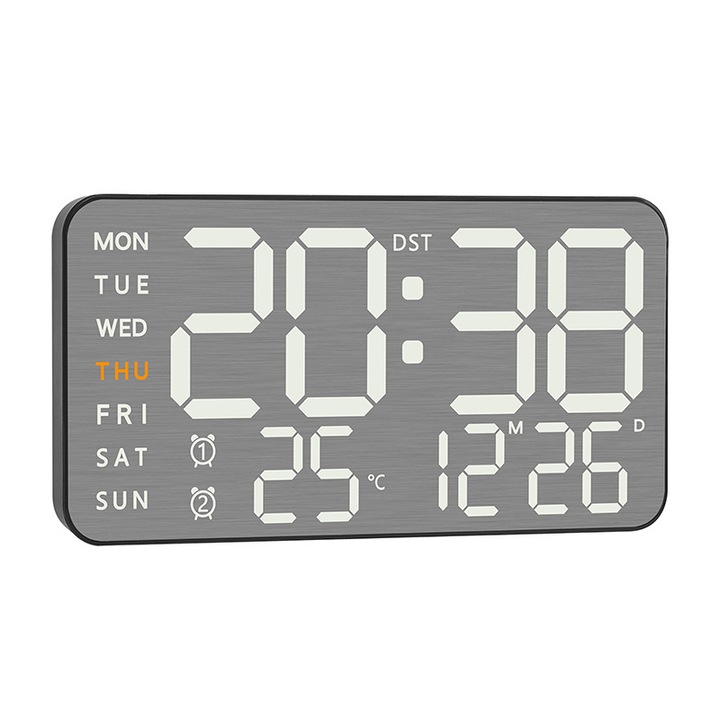 Dekoratív óra, LED kijelző, 5 fokozatú fényerőállítás, két ébresztő, hőmérséklet kijelző, elegáns és sokoldalú, 21,5x11 cm, fekete