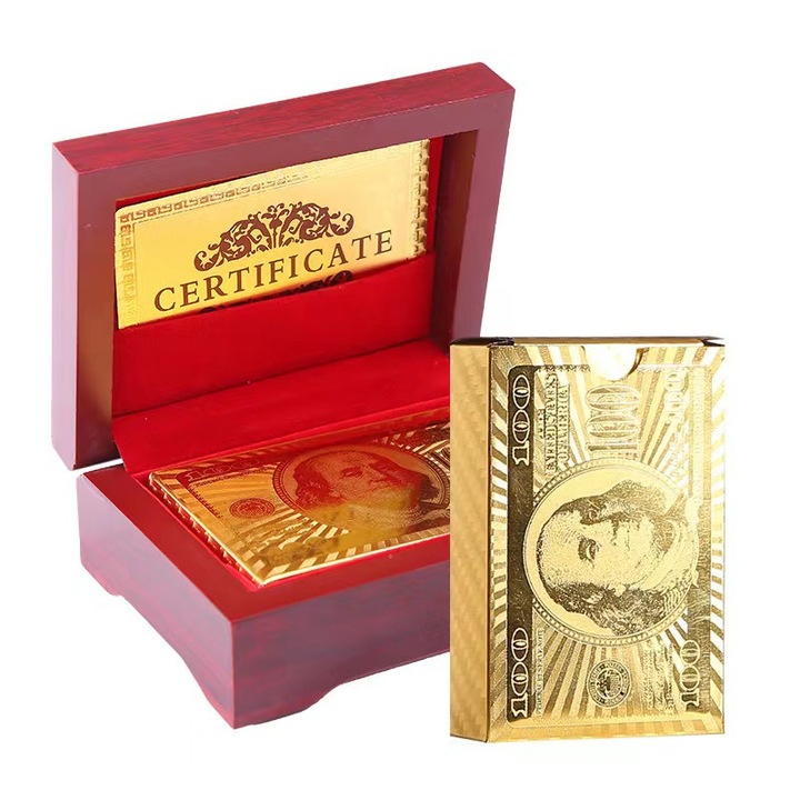 Комплект премиум златни, водоустойчиви карти за игра, червена кутия
